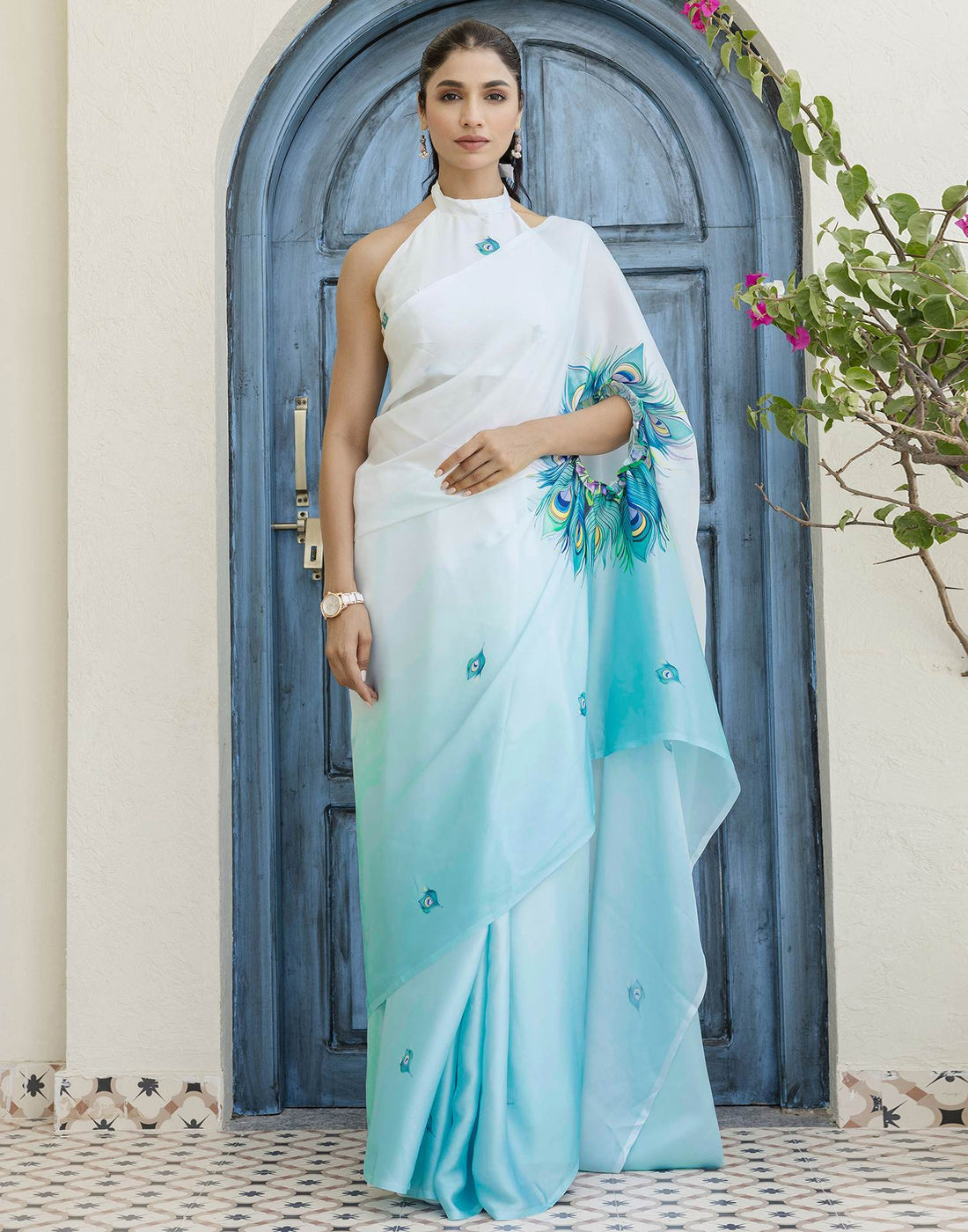 Handsfree Light Blue Satin Printed Saree