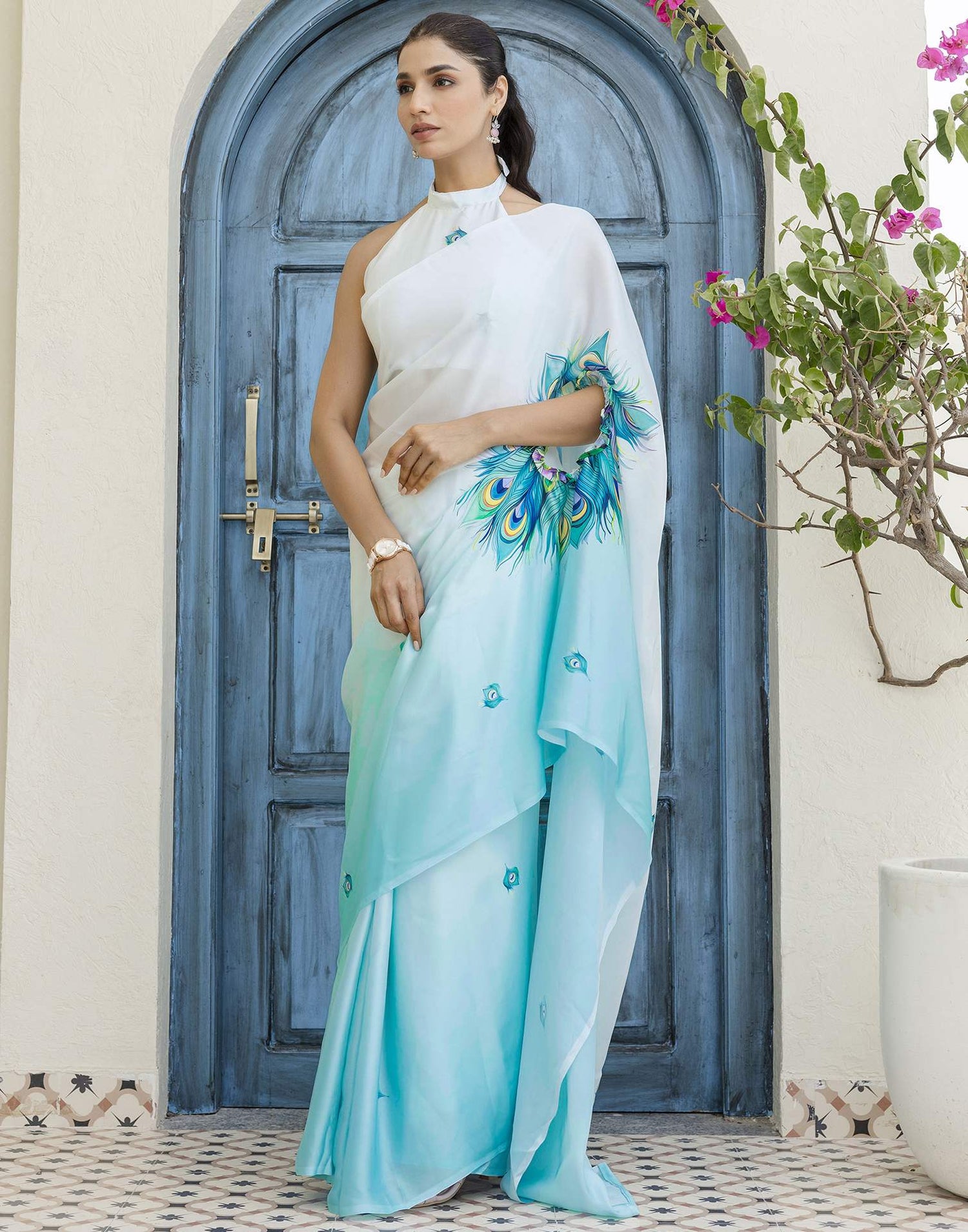 Handsfree Light Blue Satin Printed Saree