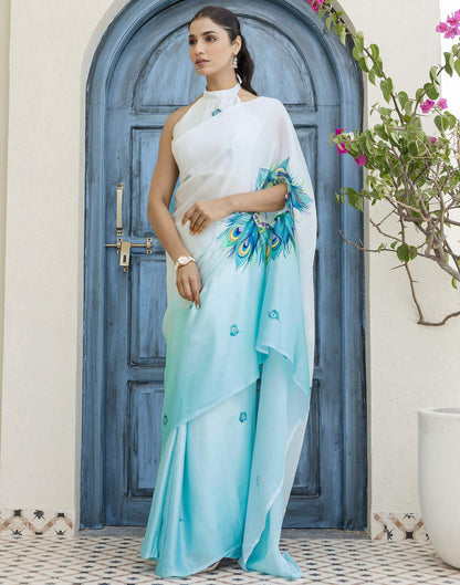 Handsfree Light Blue Satin Printed Saree