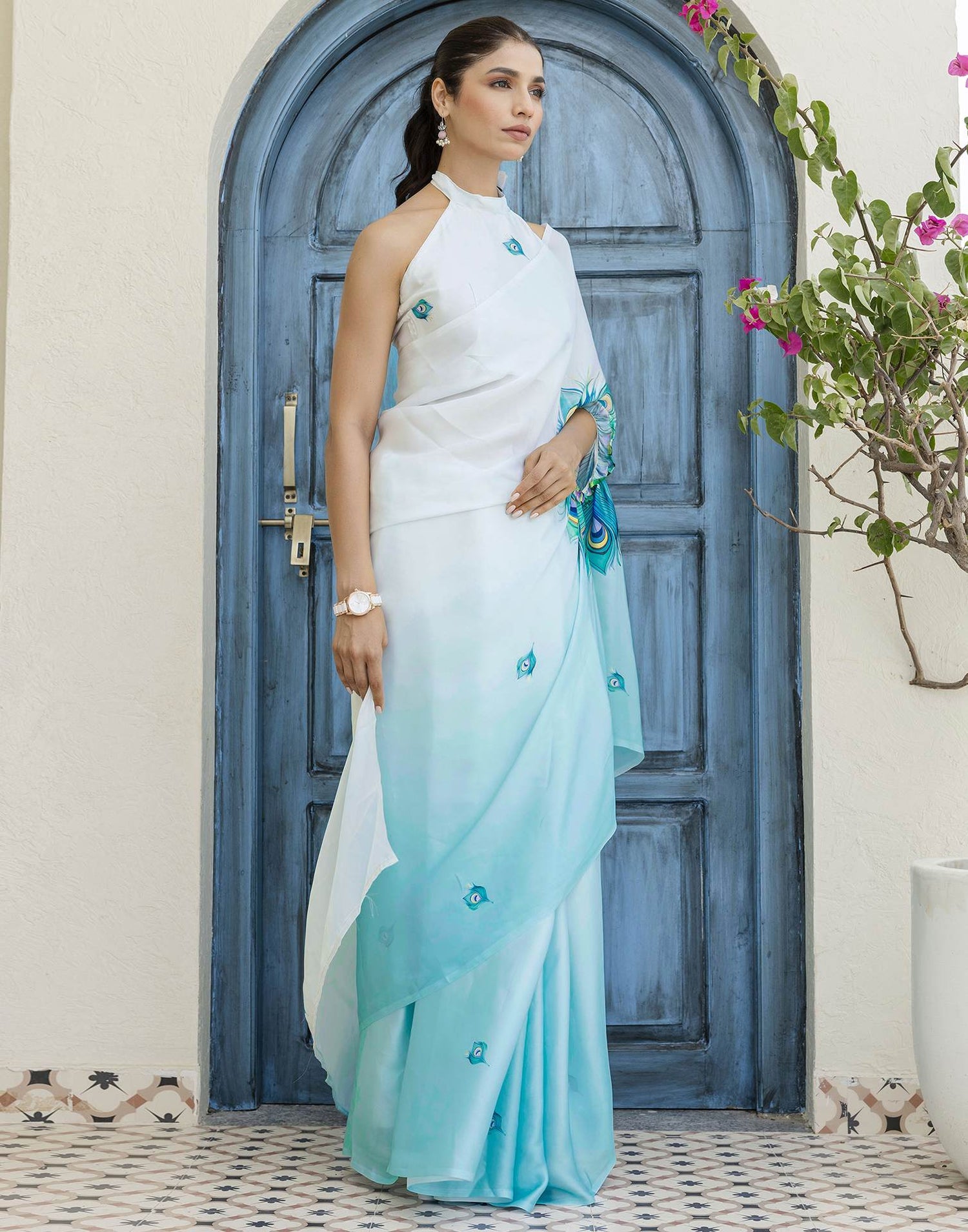 Handsfree Light Blue Satin Printed Saree