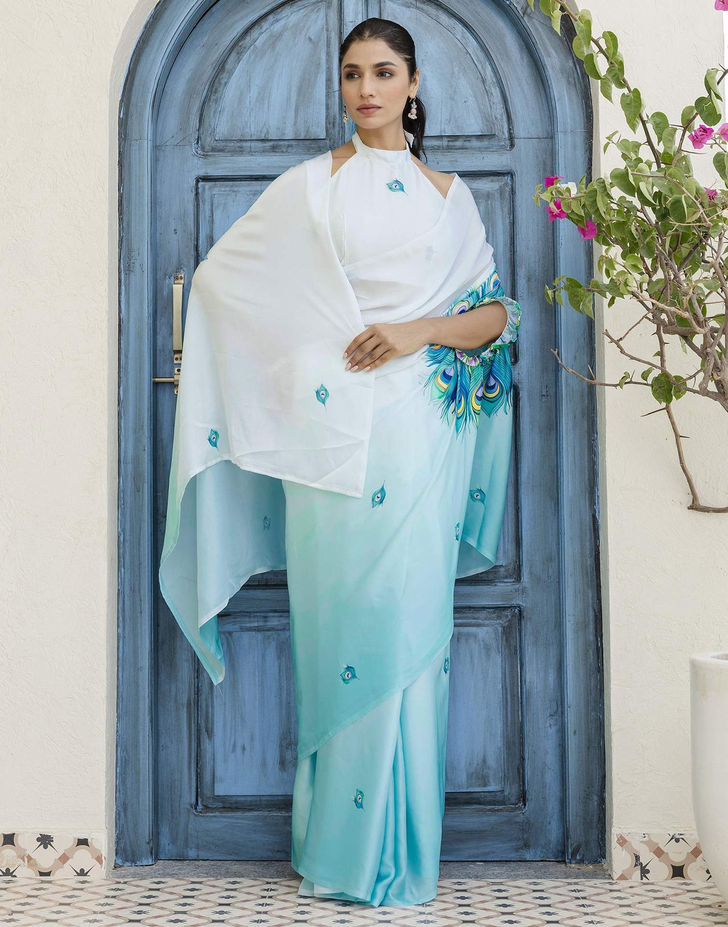Handsfree Light Blue Satin Printed Saree