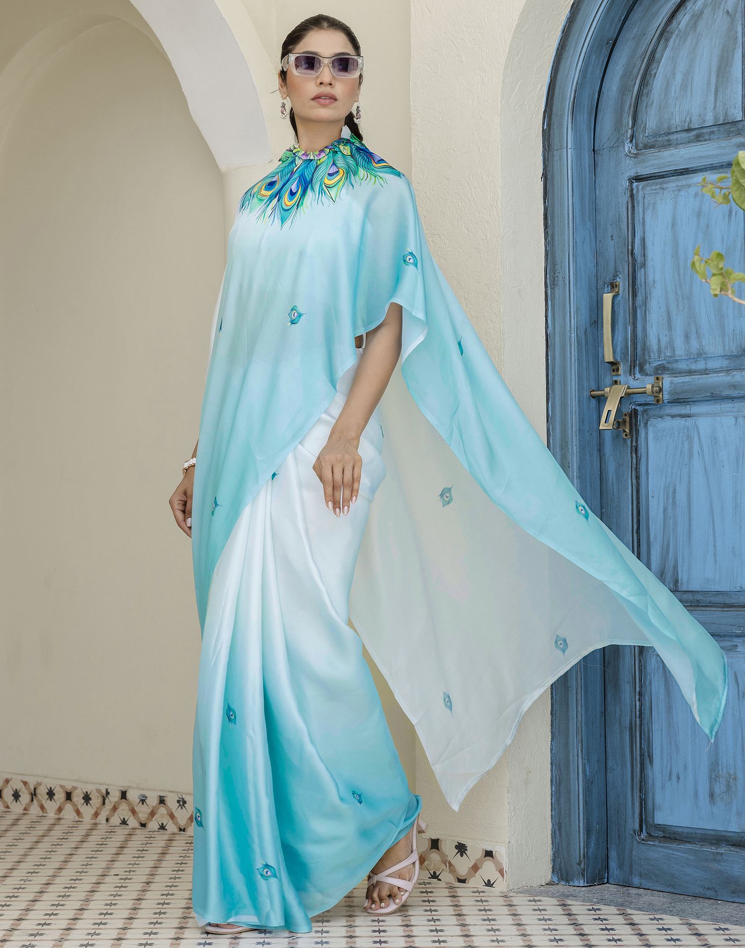 Handsfree Light Blue Satin Printed Saree