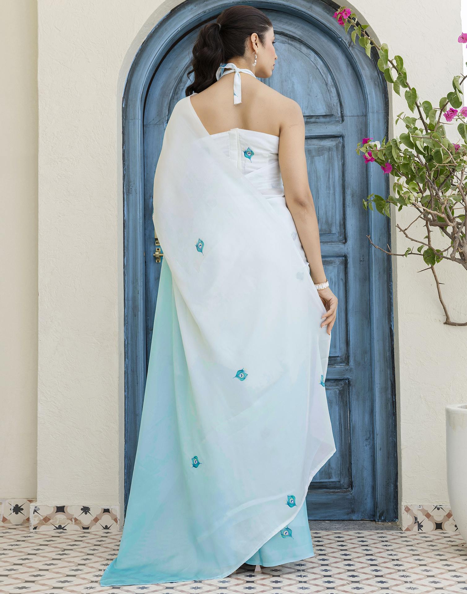 Handsfree Light Blue Satin Printed Saree
