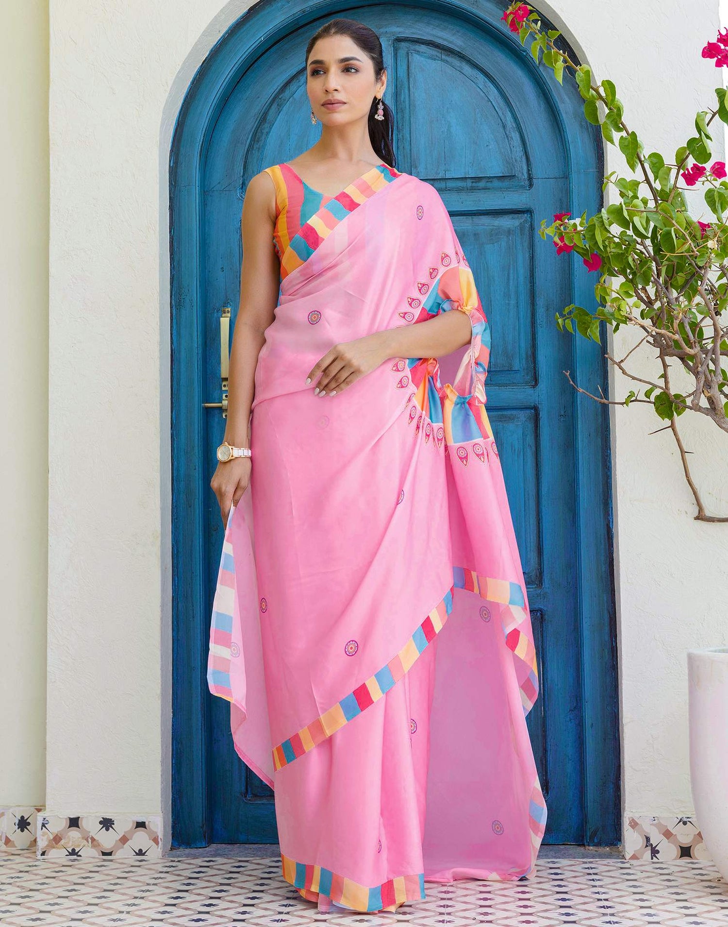 Handsfree Light Pink Satin Printed Saree