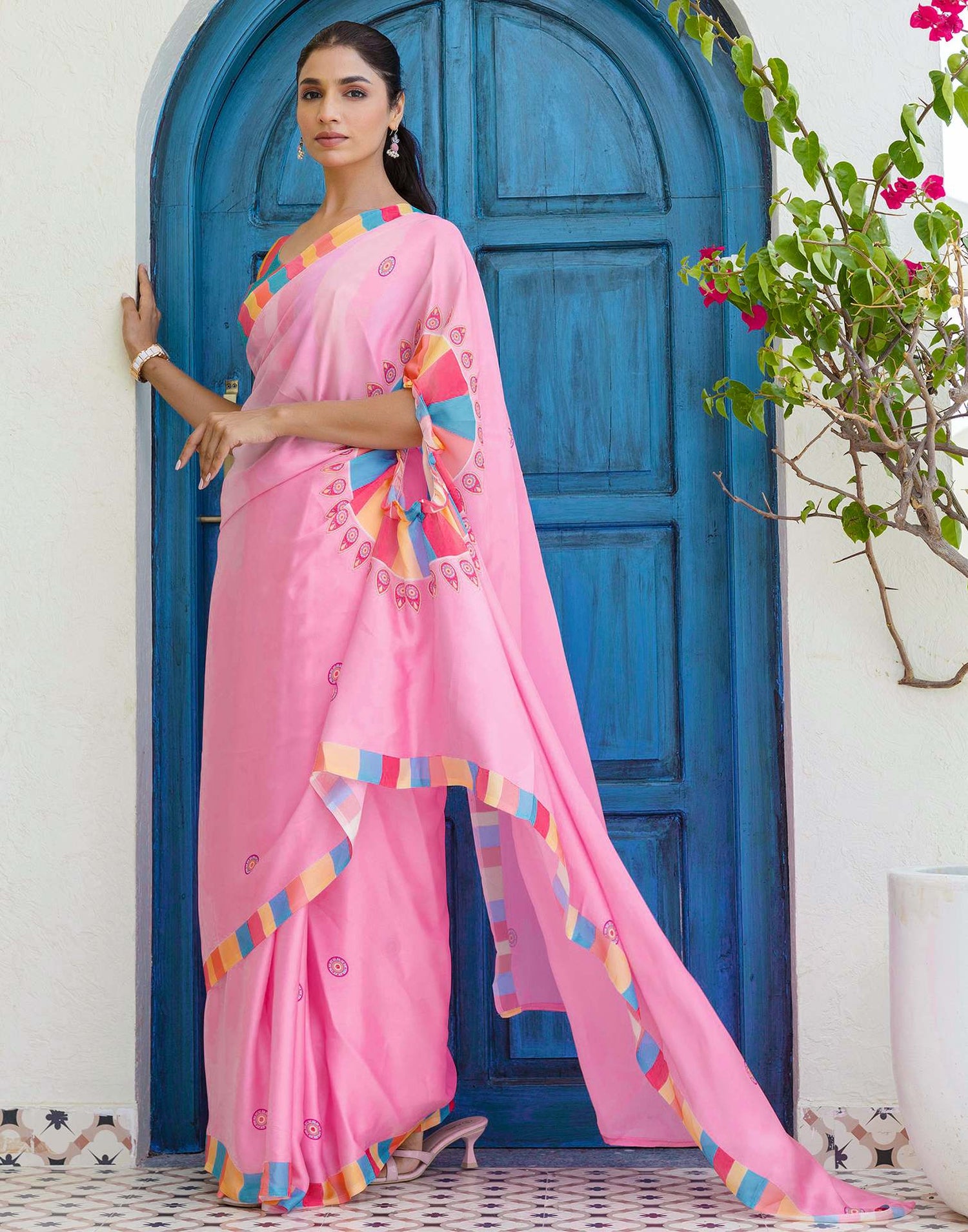 Handsfree Light Pink Satin Printed Saree