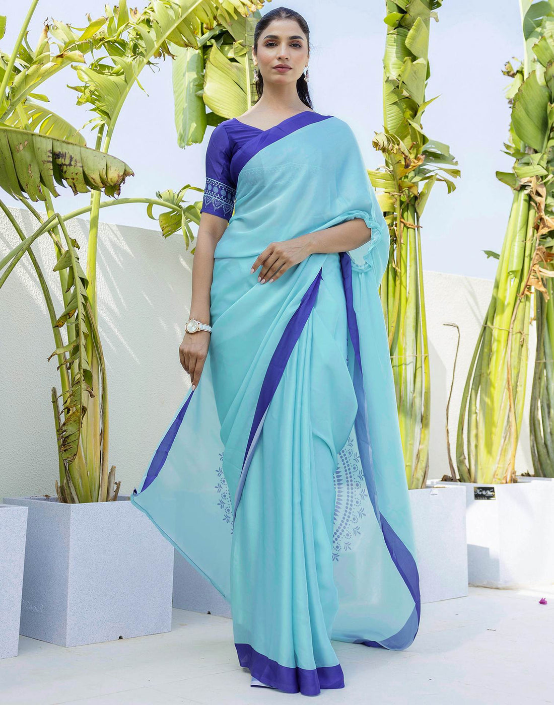Handsfree Light Blue Satin Printed Saree