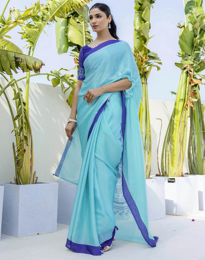 Handsfree Light Blue Satin Printed Saree