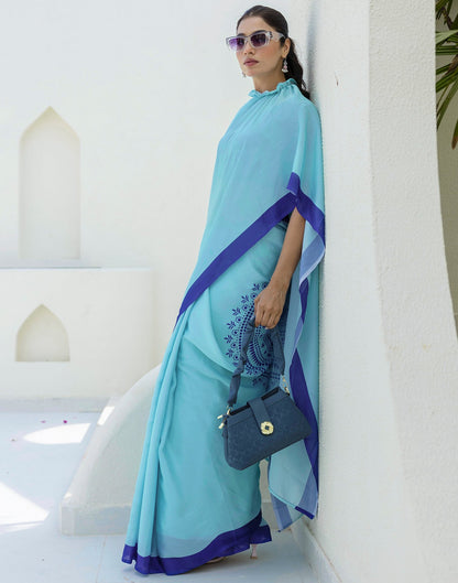 Handsfree Light Blue Satin Printed Saree