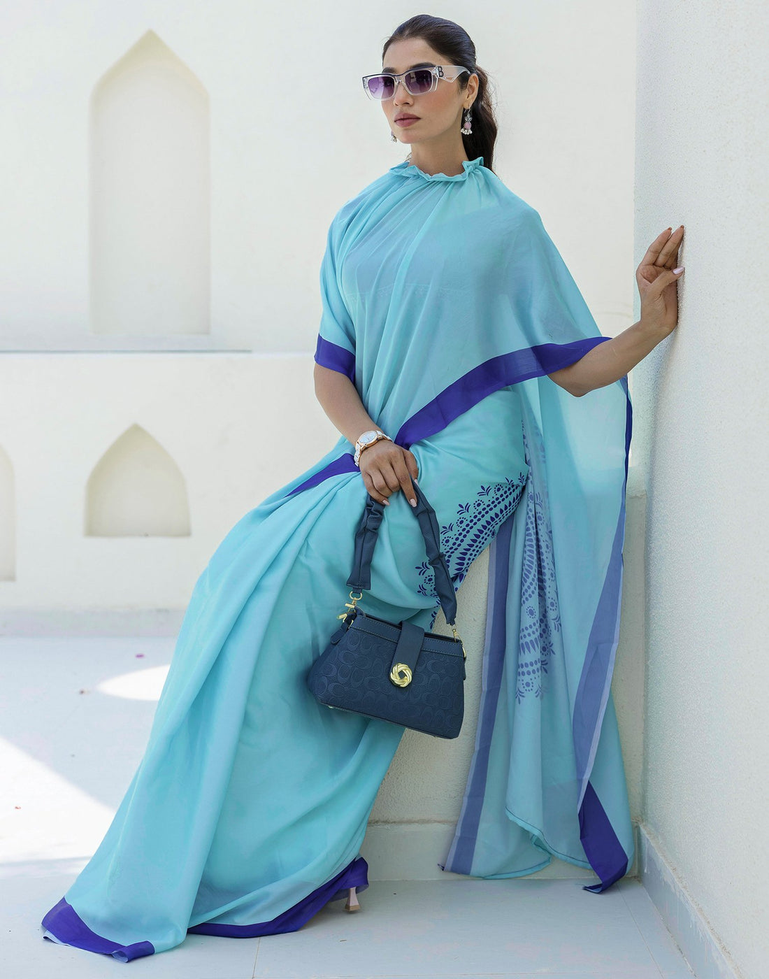 Handsfree Light Blue Satin Printed Saree