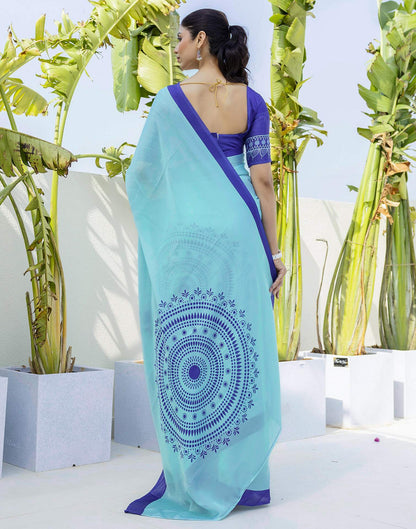 Handsfree Light Blue Satin Printed Saree
