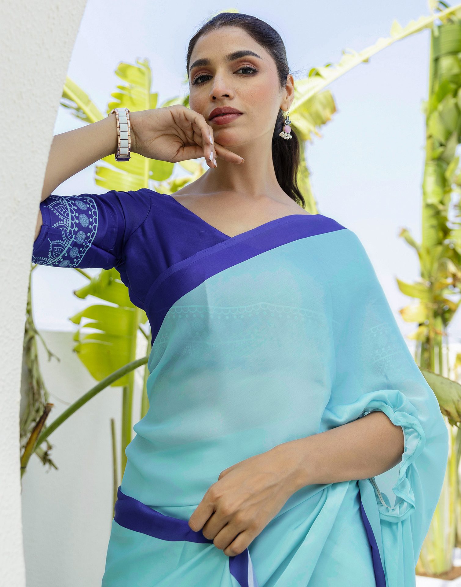 Handsfree Light Blue Satin Printed Saree