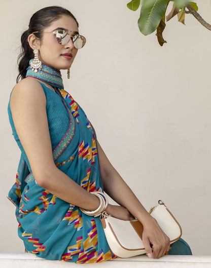 Teal Green Georgette printed Saree