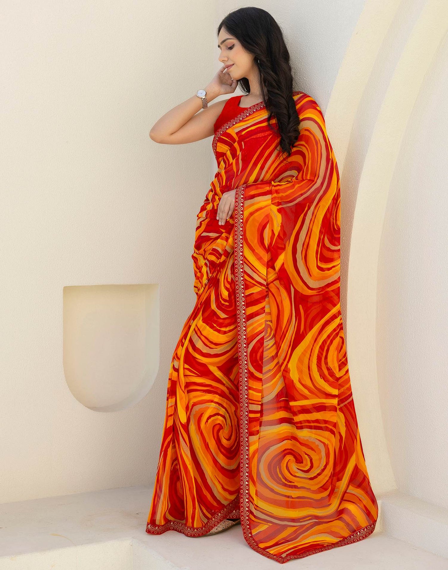 Red Georgette Printed Saree