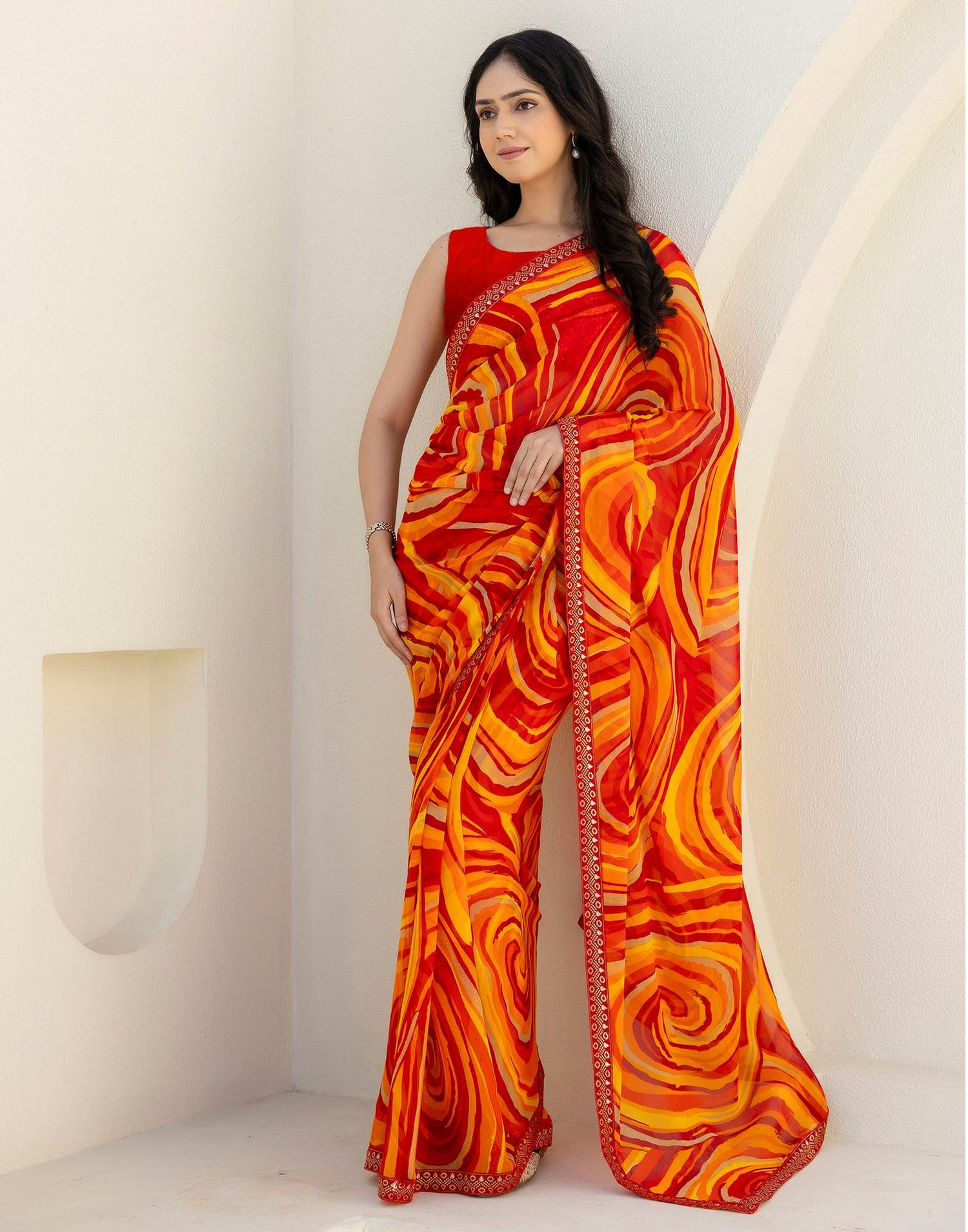 Red Georgette Printed Saree