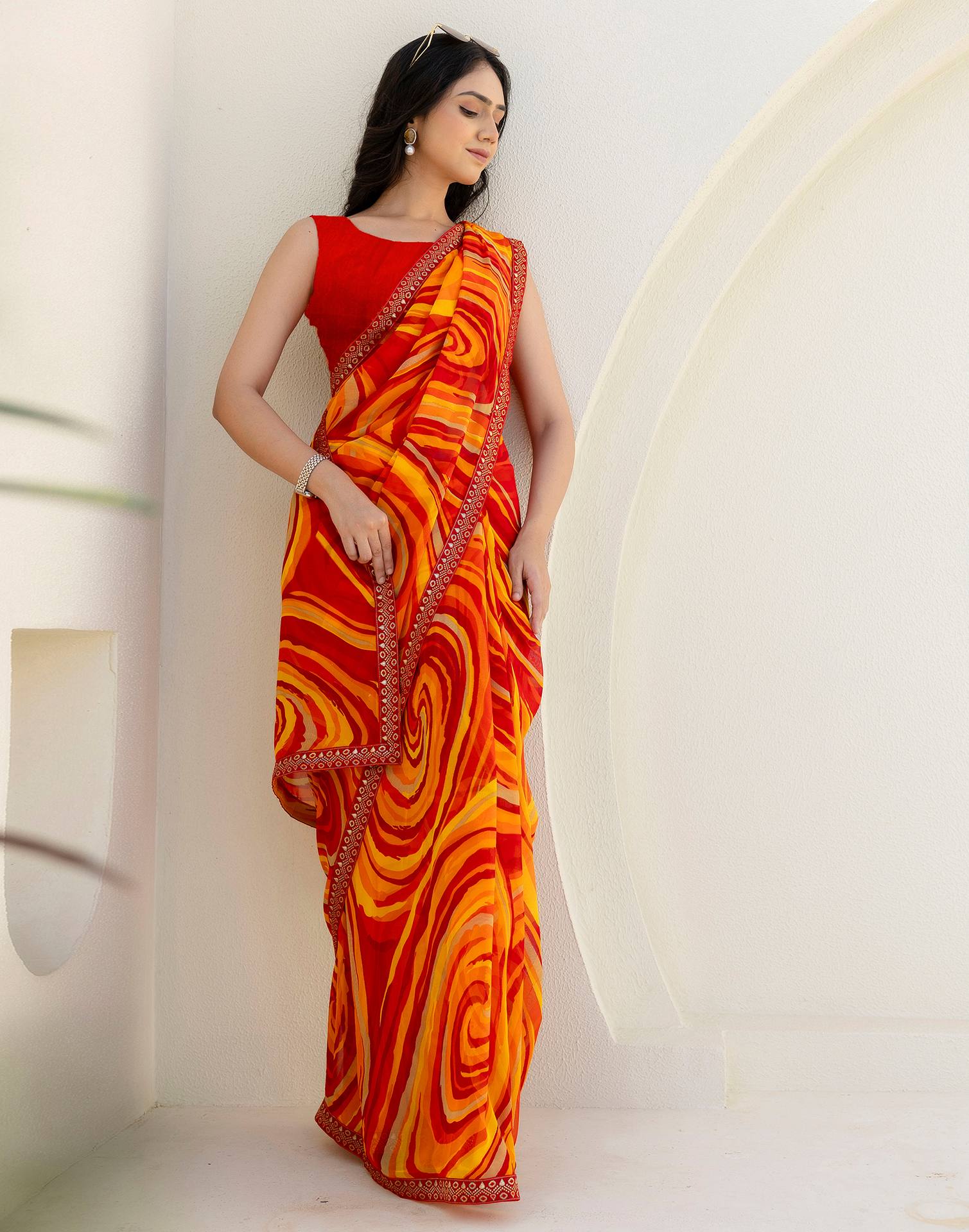 Red Georgette Printed Saree