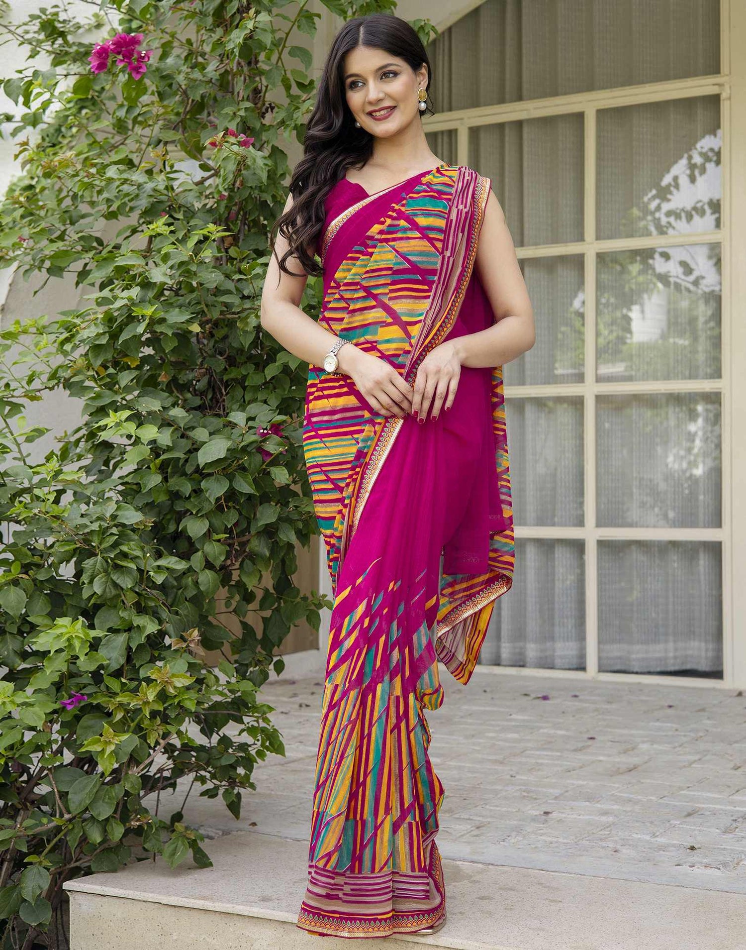 Rani Pink Georgette Printed Saree