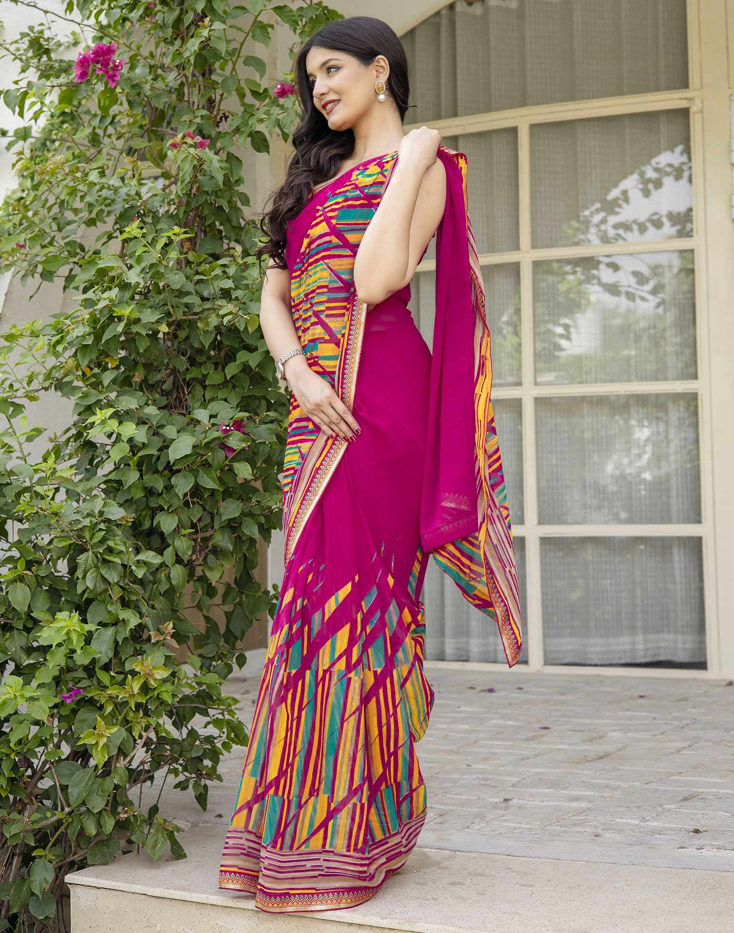 Rani Pink Georgette Printed Saree