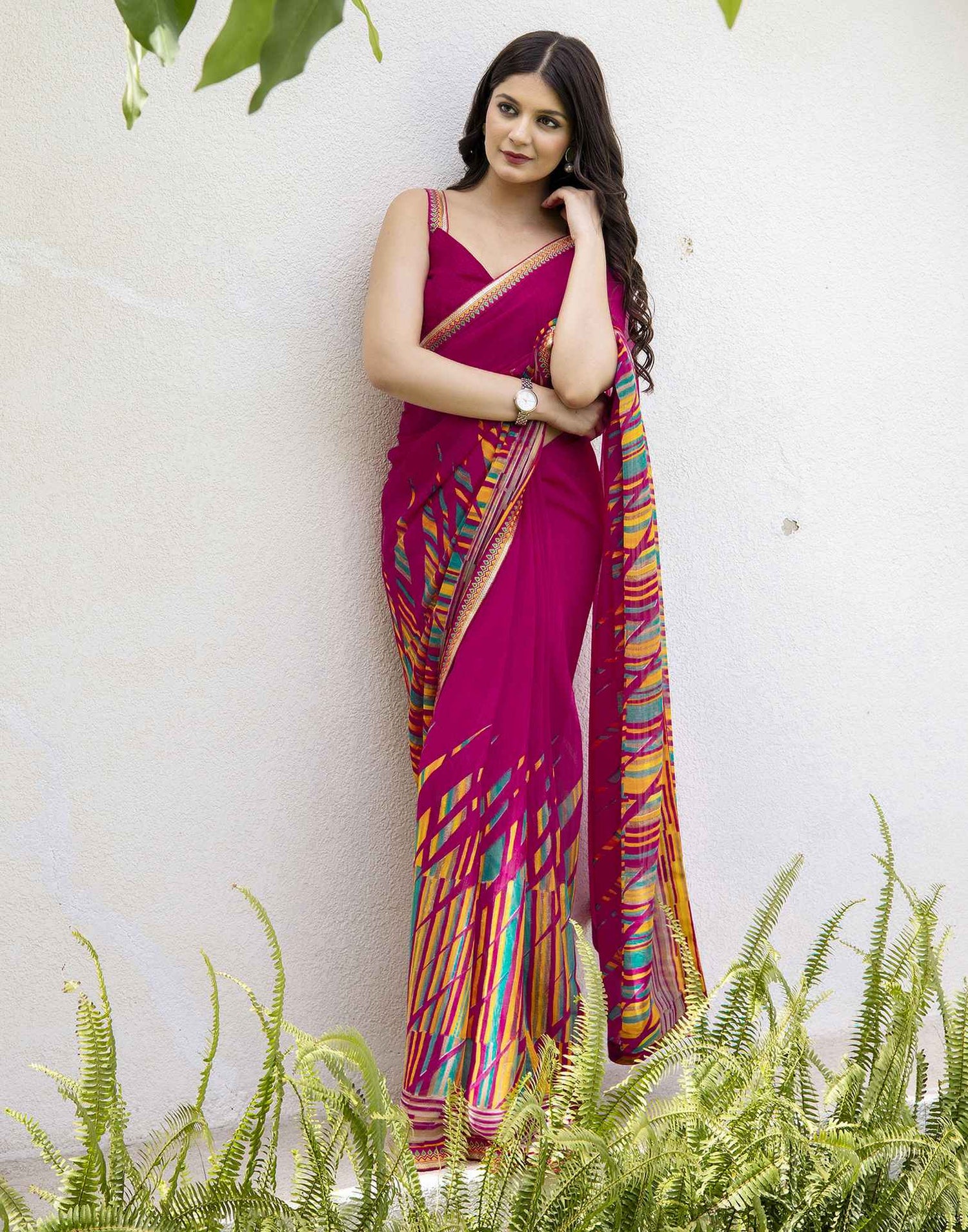 Rani Pink Georgette Printed Saree