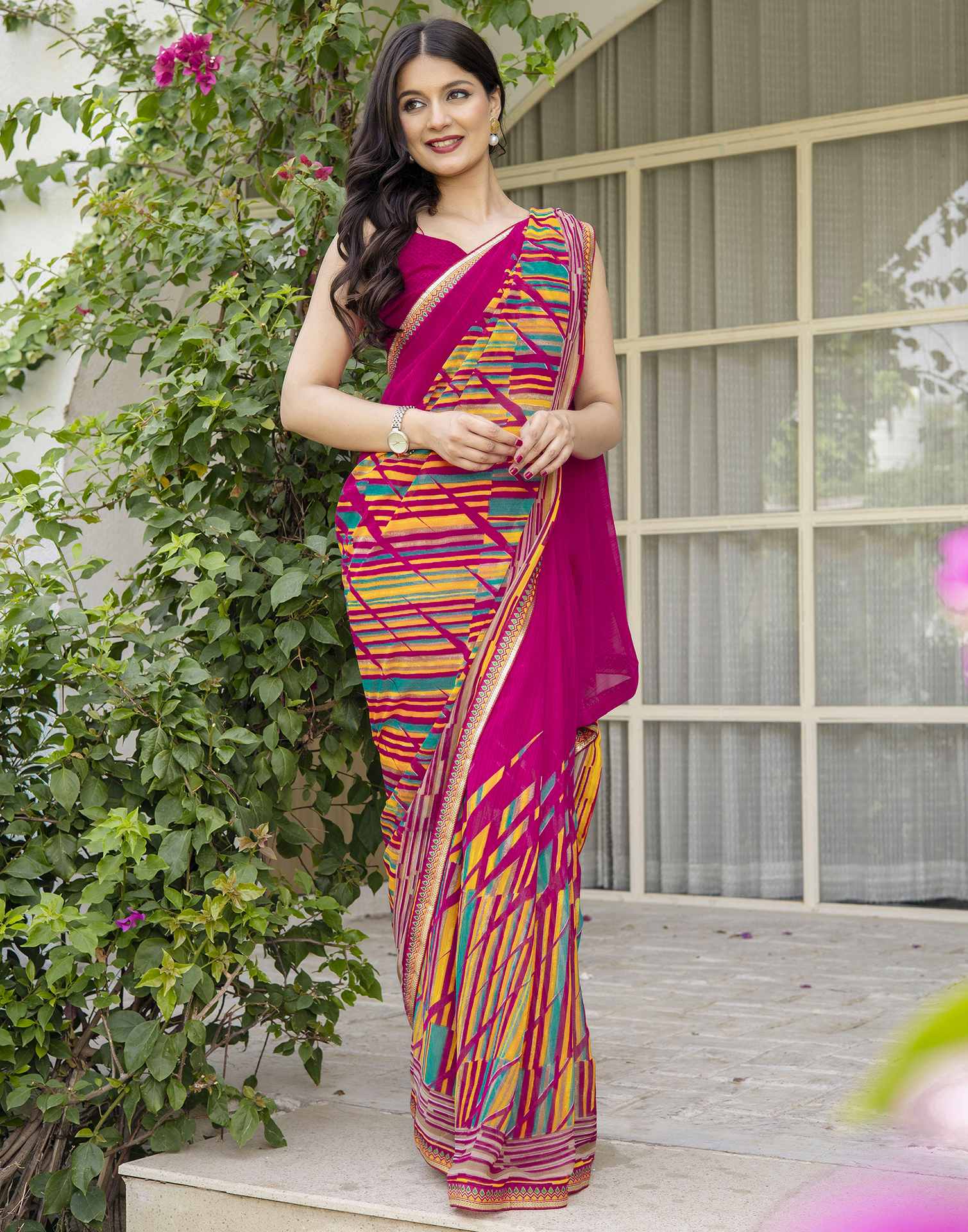 Rani Pink Georgette Printed Saree