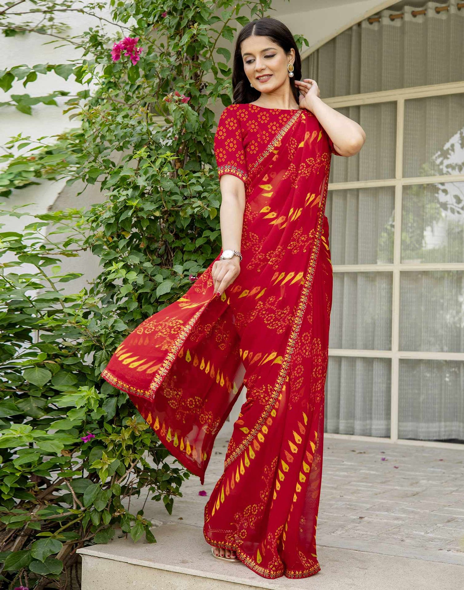 Red Georgette Printed Saree