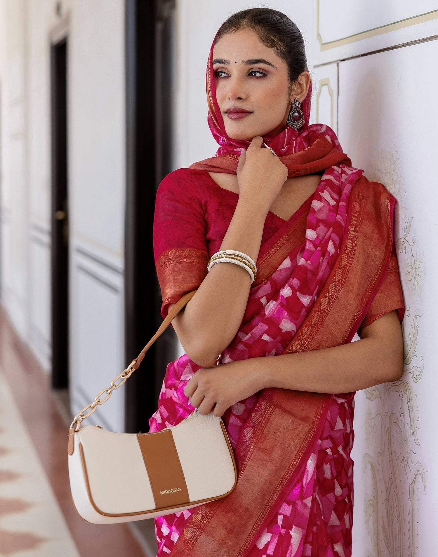 Rani Pink Cotton Blend Printed Saree