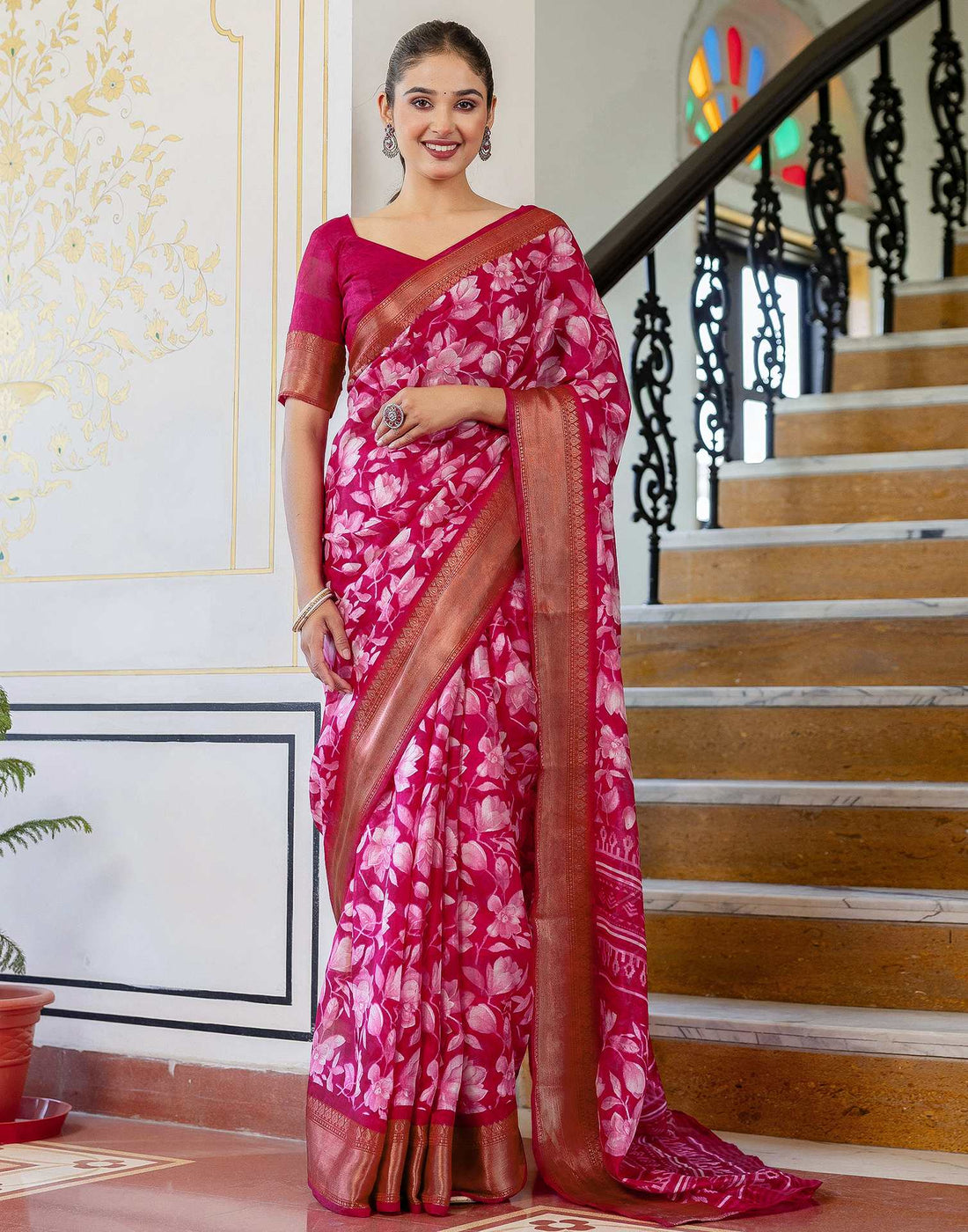 Rani Pink Cotton Blend Floral Printed Saree