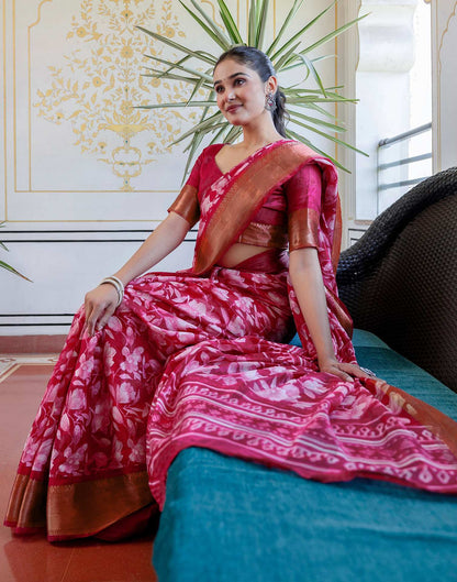 Rani Pink Cotton Blend Floral Printed Saree