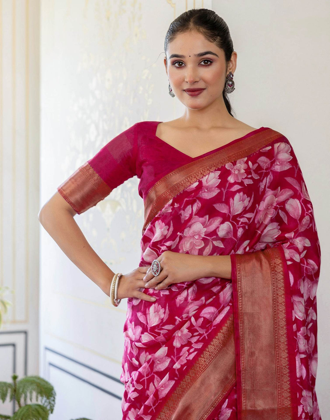Rani Pink Cotton Blend Floral Printed Saree