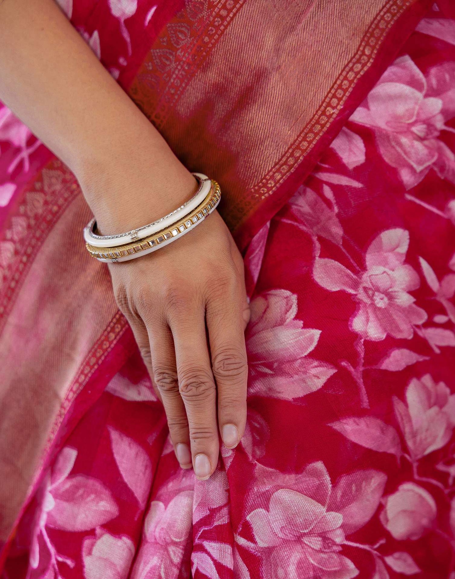Rani Pink Cotton Blend Floral Printed Saree