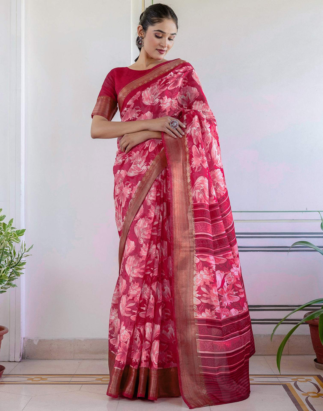 Rani Pink Cotton Blend Floral Printed Saree
