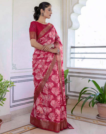 Rani Pink Cotton Blend Floral Printed Saree
