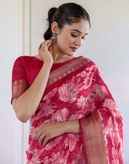 Rani Pink Cotton Blend Floral Printed Saree