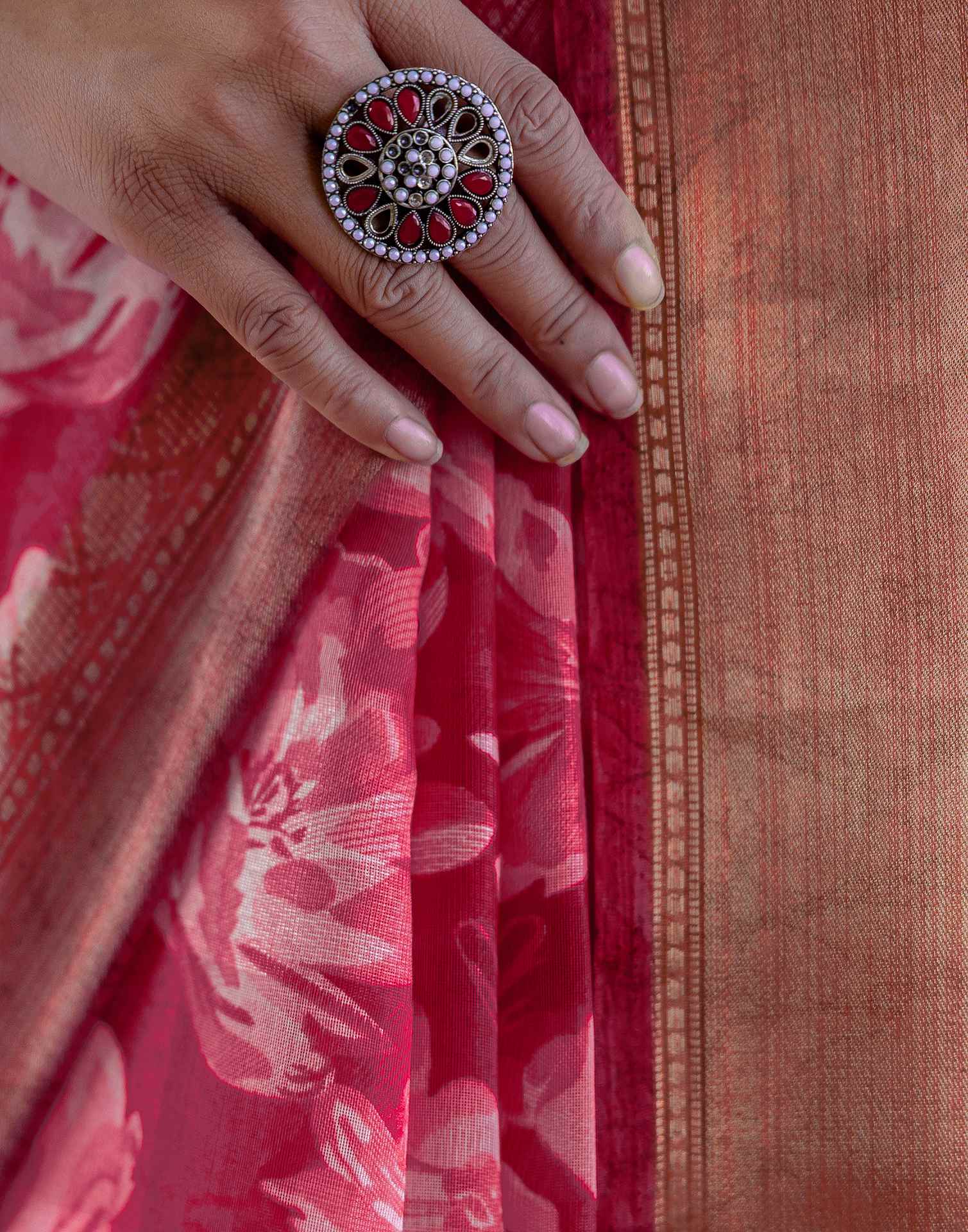 Rani Pink Cotton Blend Floral Printed Saree