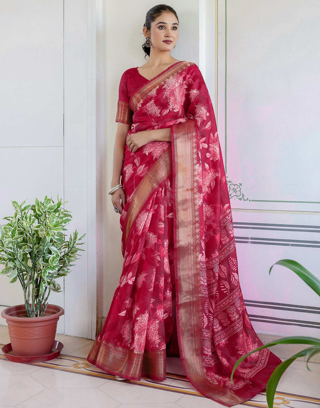 Rani Pink Cotton Blend Floral Printed Saree