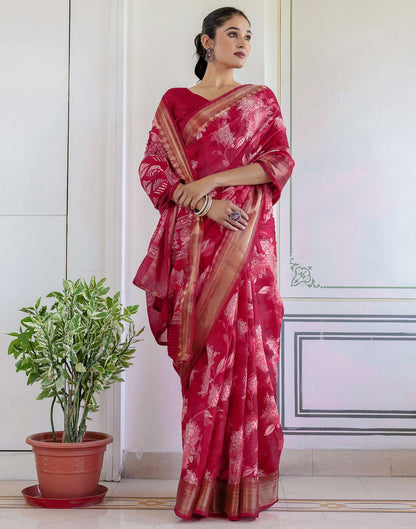 Rani Pink Cotton Blend Floral Printed Saree