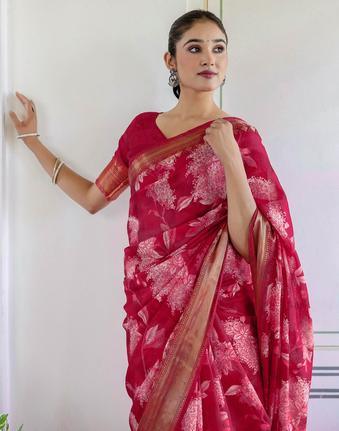 Rani Pink Cotton Blend Floral Printed Saree