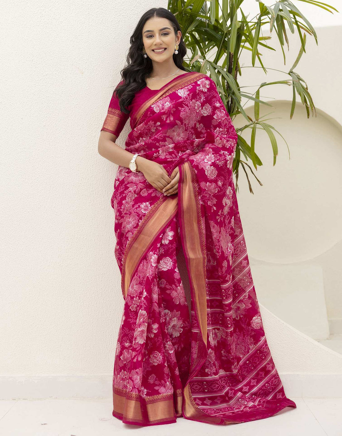 Rani Pink Cotton Blend Floral Printed Saree