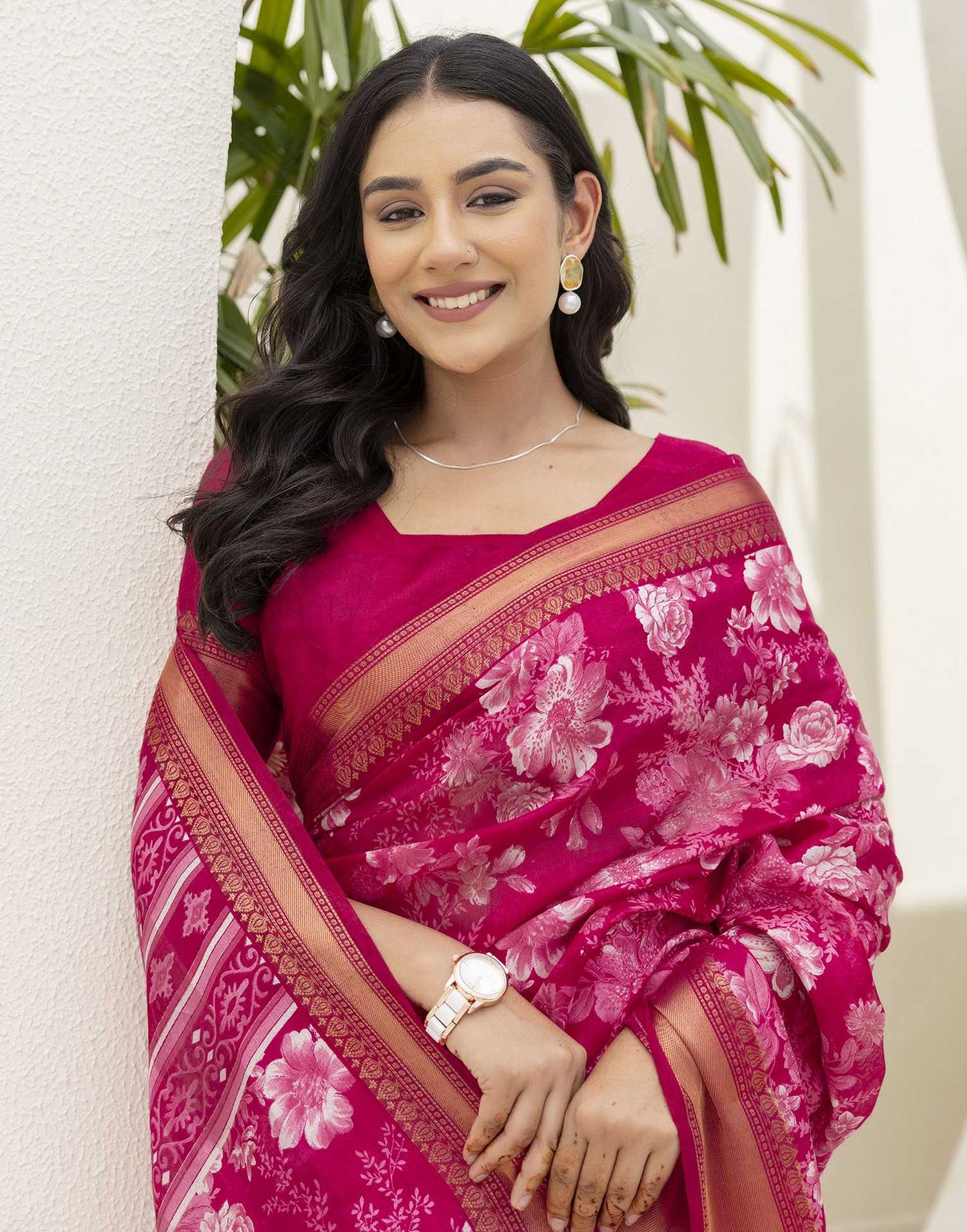 Rani Pink Cotton Blend Floral Printed Saree
