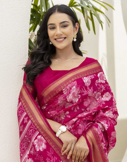 Rani Pink Cotton Blend Floral Printed Saree