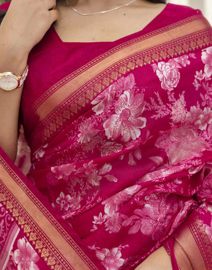 Rani Pink Cotton Blend Floral Printed Saree