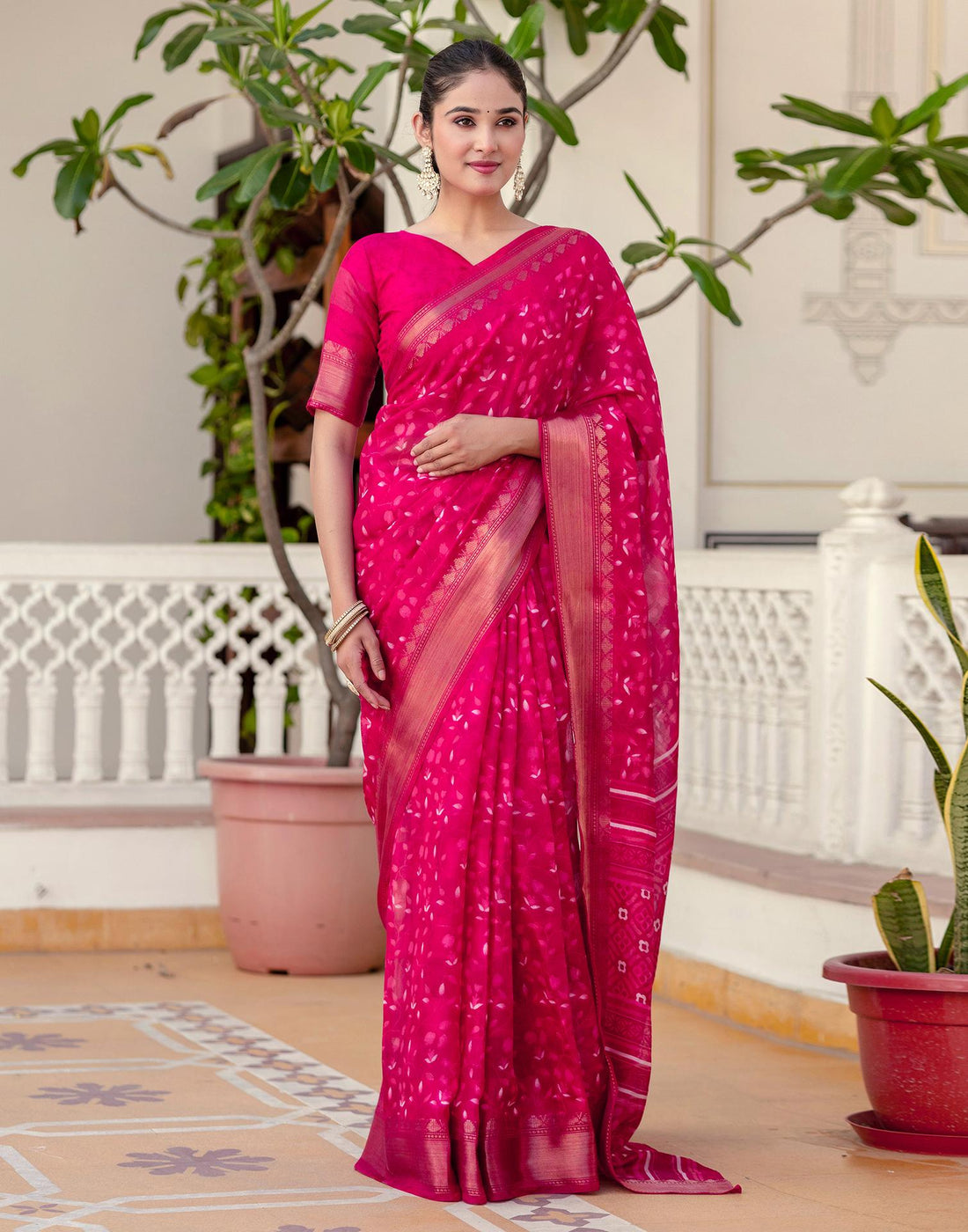 Rani Pink Cotton Blend Printed Saree