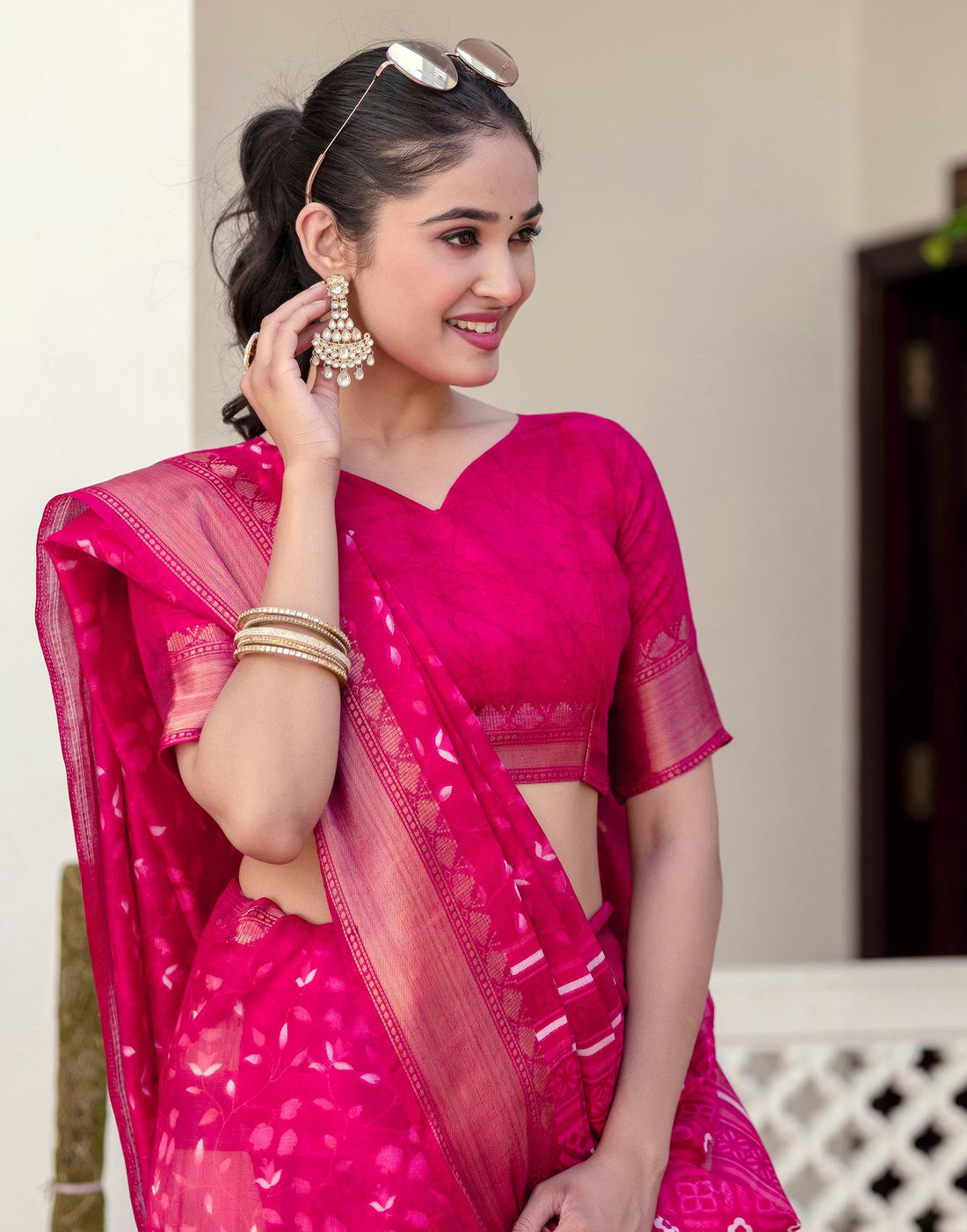 Rani Pink Cotton Blend Printed Saree