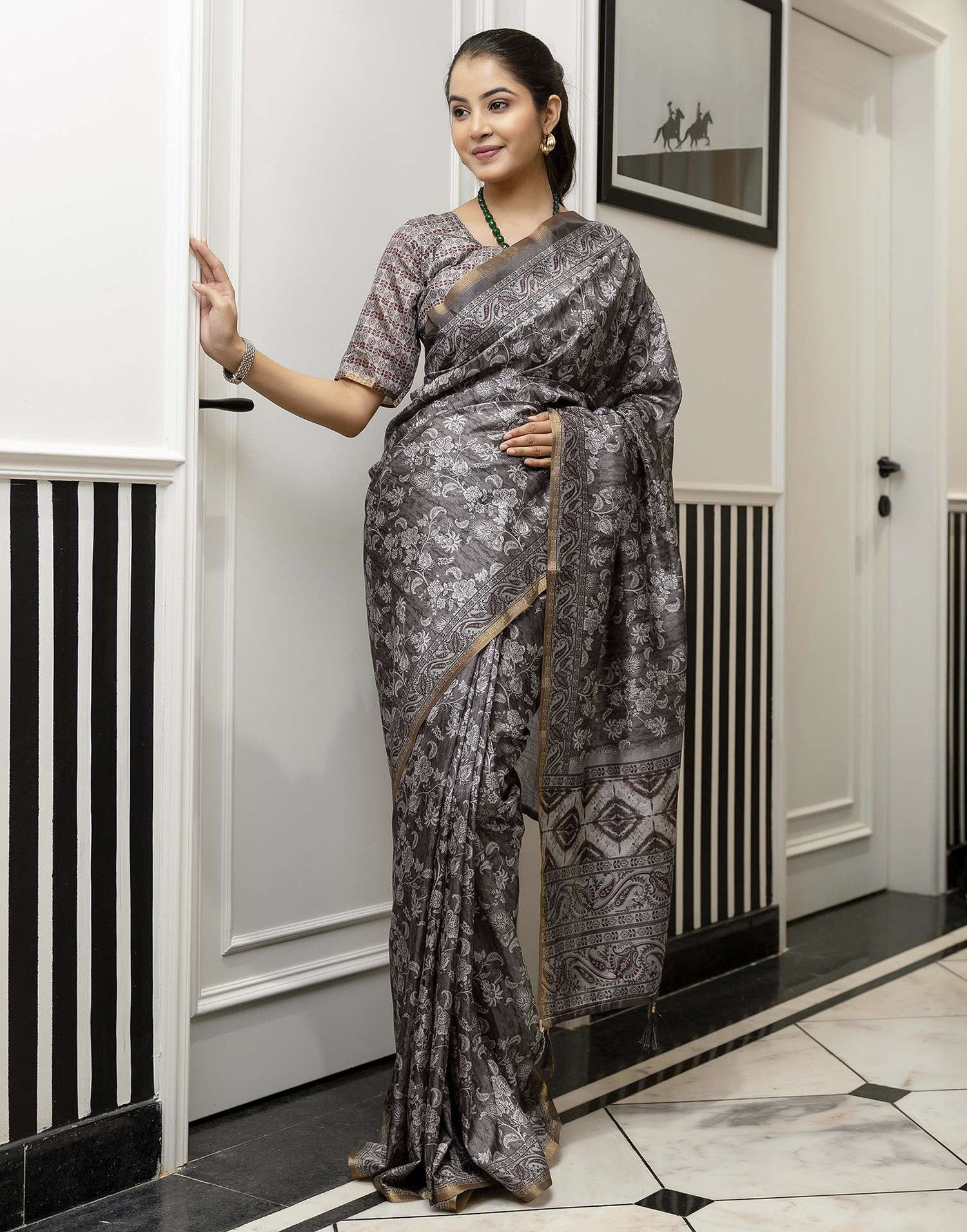 Grey Dola Silk Floral Printed Saree