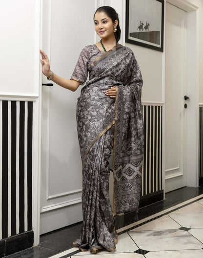Grey Dola Silk Floral Printed Saree