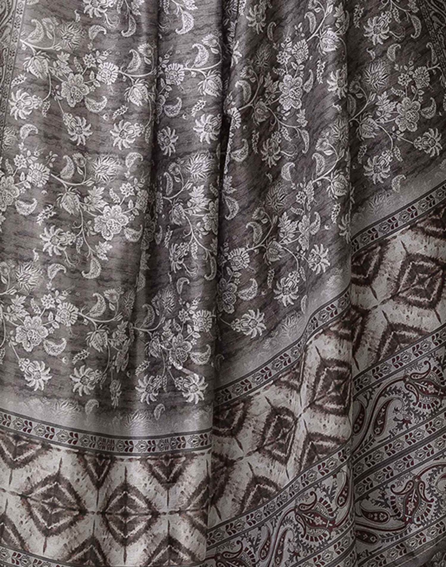 Grey Dola Silk Floral Printed Saree