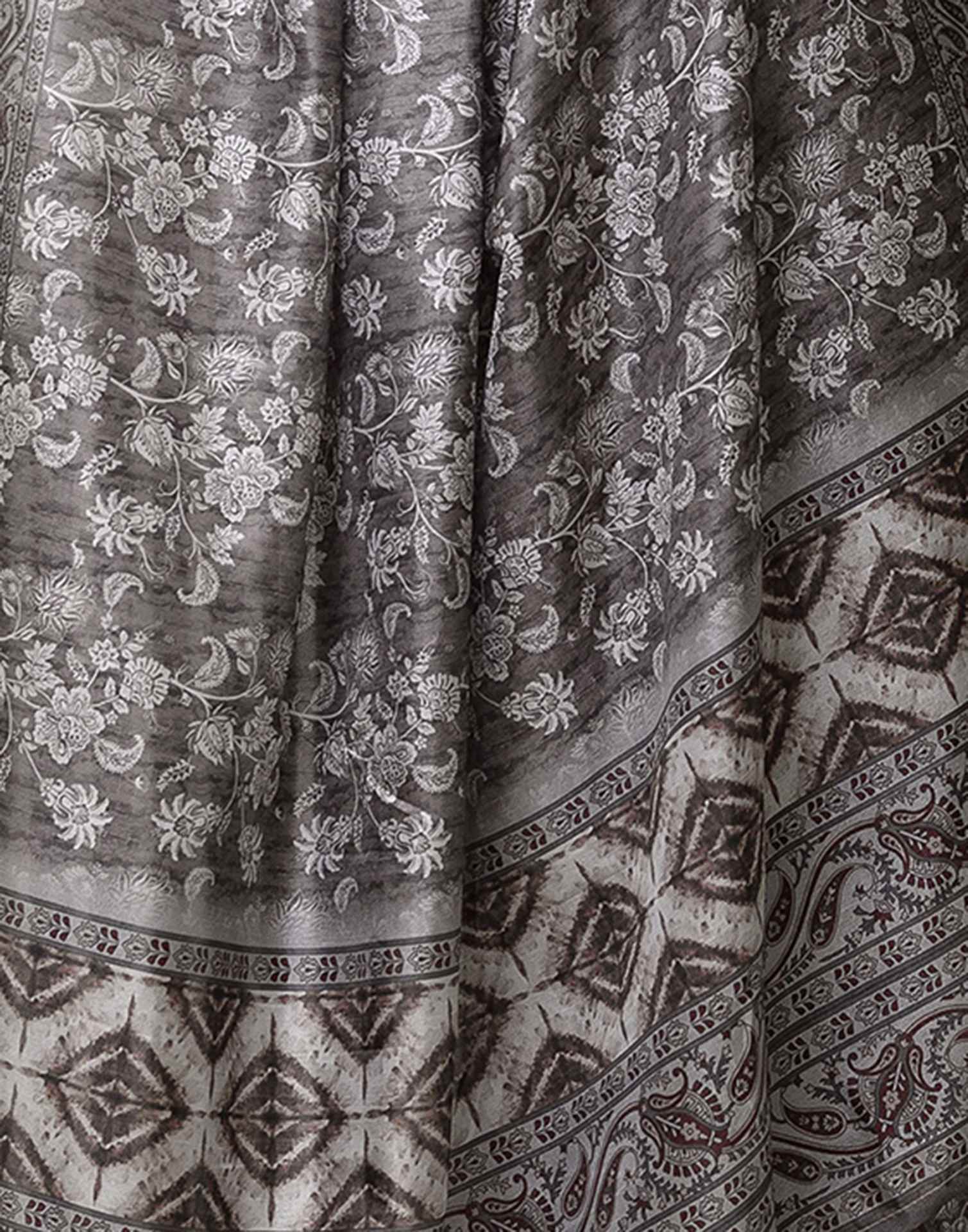 Grey Dola Silk Floral Printed Saree