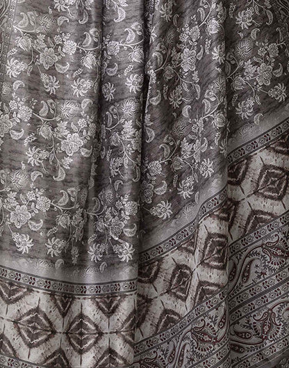 Grey Dola Silk Floral Printed Saree
