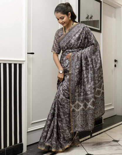 Grey Dola Silk Floral Printed Saree
