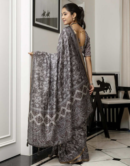 Grey Dola Silk Floral Printed Saree