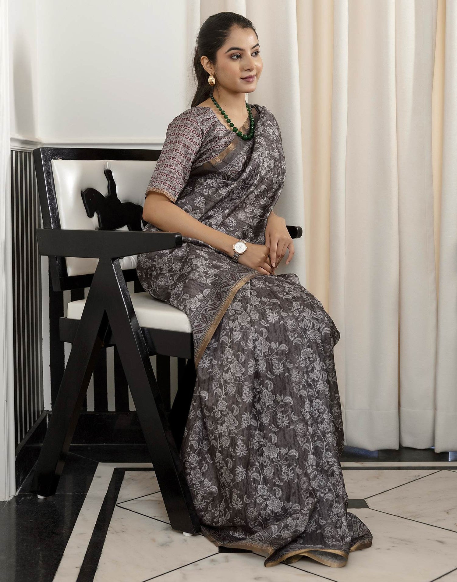 Grey Dola Silk Floral Printed Saree